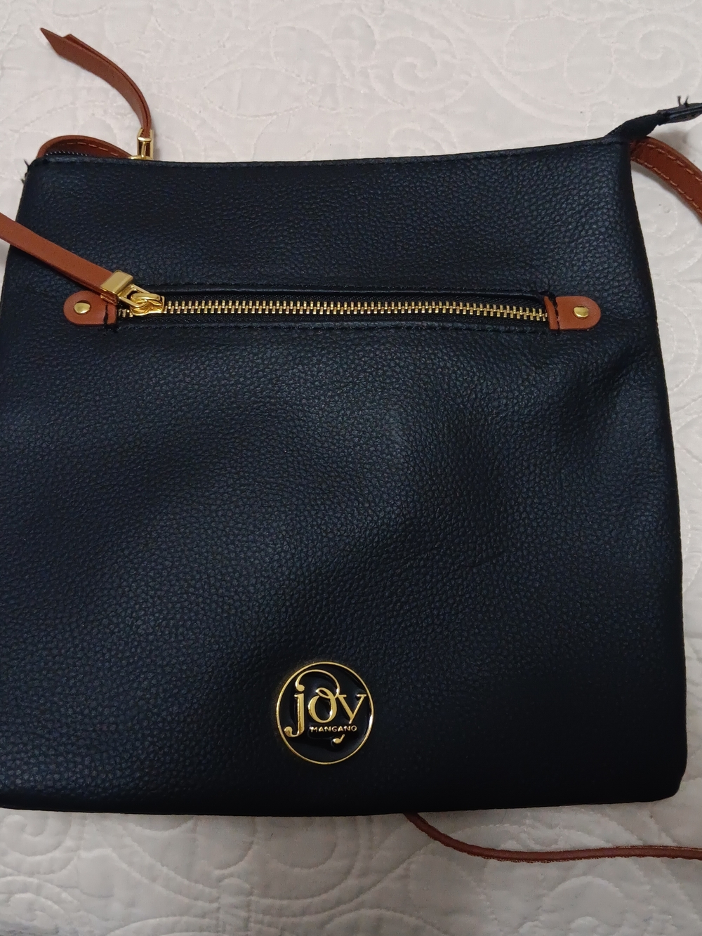 Joy Mangano Black Crossbody Bag with Brown Trim and Gold Hardware